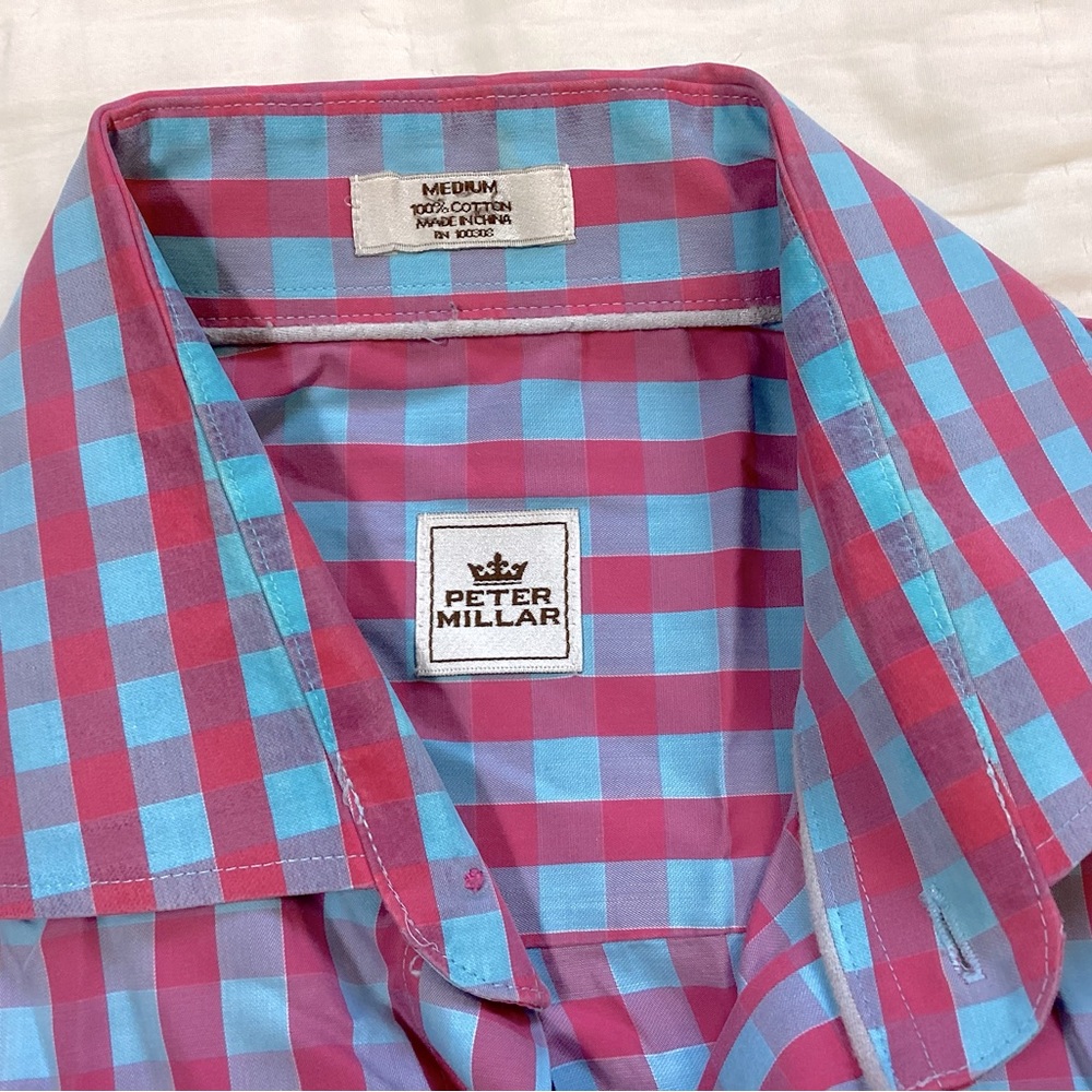 Mens Peter Millar Plaid Long Sleeve Button Up‎ Shirt Blue Pink M